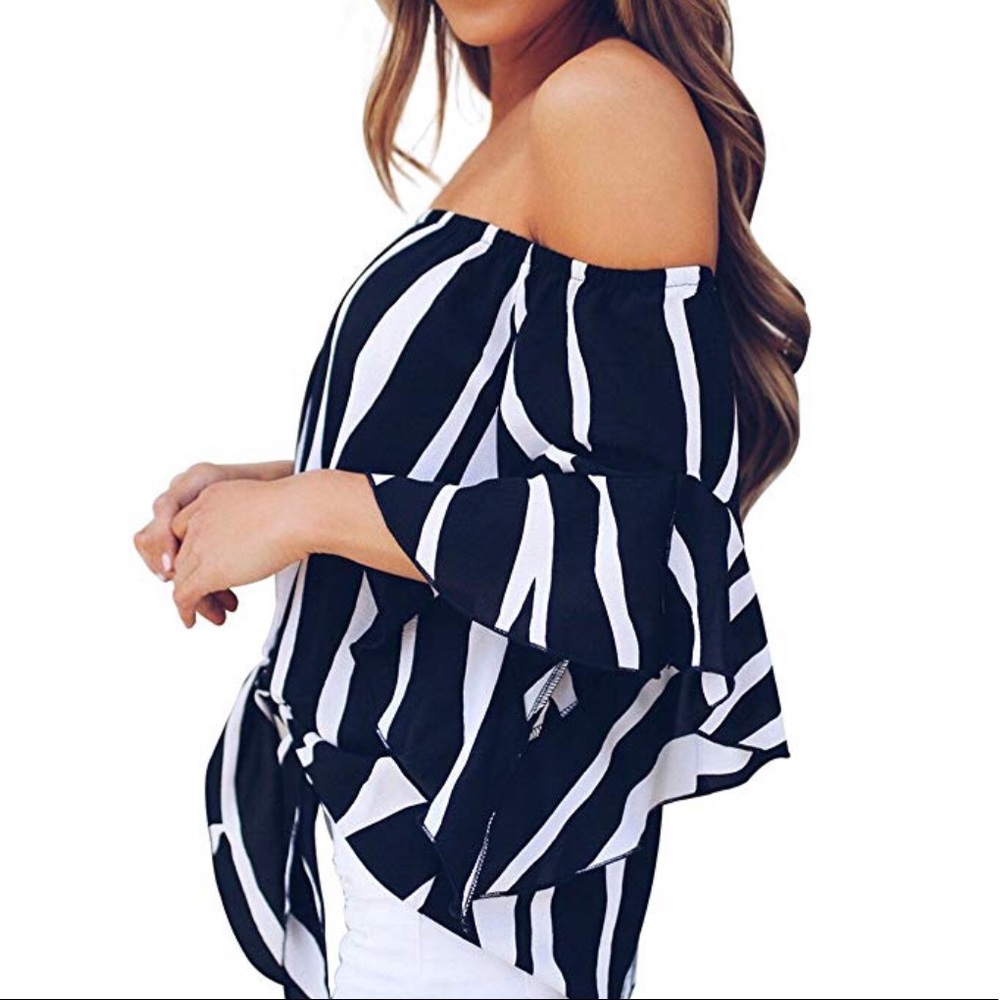 women stripes off shoulder chiffon blouse - Picture 2 of 5